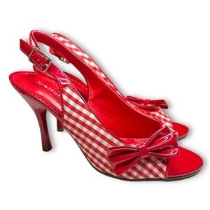 Delicious Red Gingham Slingback Heels Size 6 Bow Detail